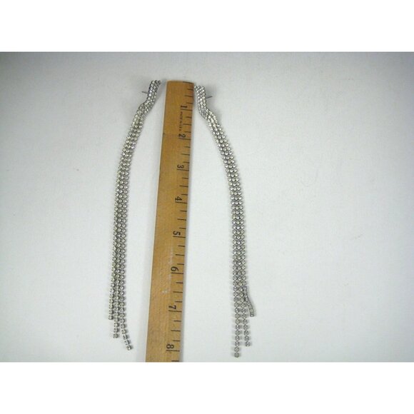 Long Silver Tone Rhinestone Dangle Earrings 8 Inch Drop Statement Sparkle Party - Picture 5 of 8